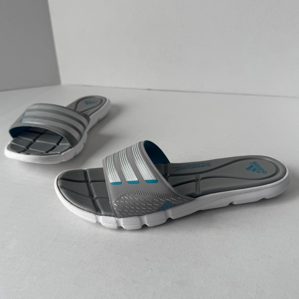 Adidas Supercloud Slides Womens Grey Silver Blue Athletic Sandals 3 Stripe
